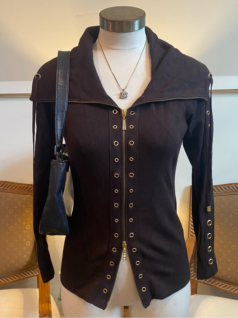 Vintage Cache Y2K Chocolate Brown Gold Eyelet Double-Zip Sweater Jacket Viscose